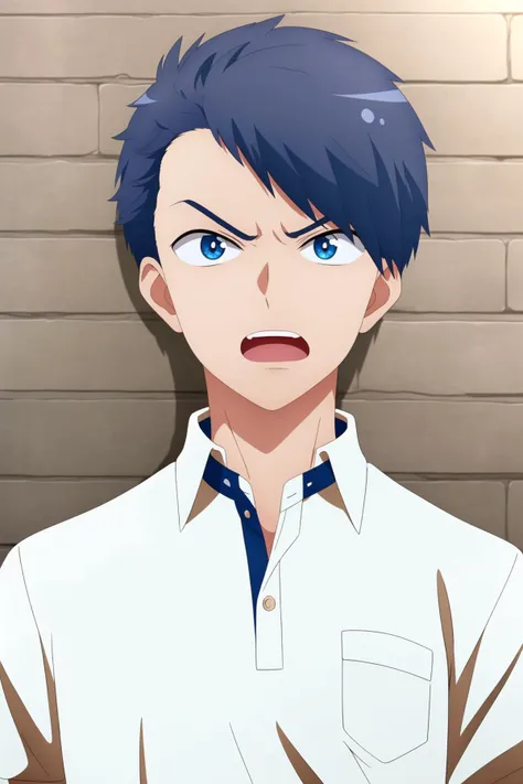 masterpiece, best quality, 1boy, makoto_oda, portrait, straight-on, close up, upper body, looking at viewer, against wall, brick wall, blue hair, blue eyes, angry, shouting, polo shirt,