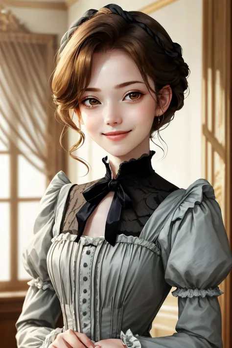 upper body photo of <lora:AnastasiaCebulska_v1:.9> AnastasiaCebulska, focus on smiling face, wearing victorian clothing , her hair is styled as short layered hair,