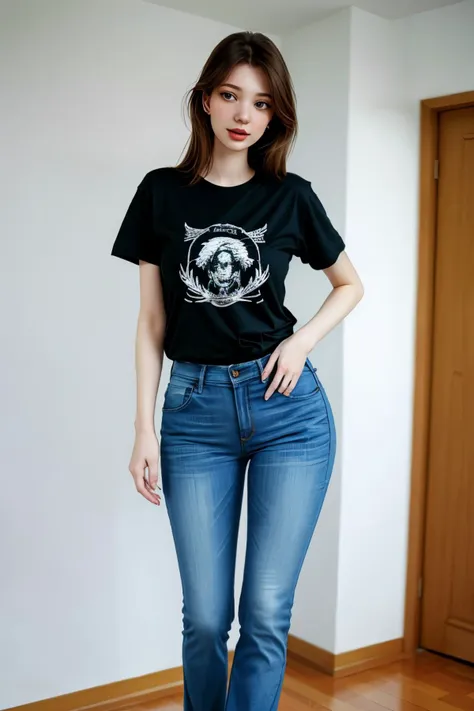 a woman in jeans and a black shirt standing in a room