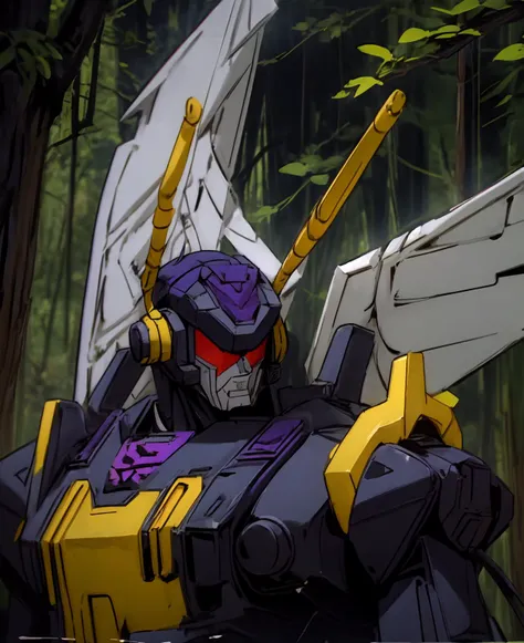 insecticons, upper body, kickback, giant robot, wings, antennae, dark purple, yellow, in a forest <lora:Insecticons_Transformers:0.7>