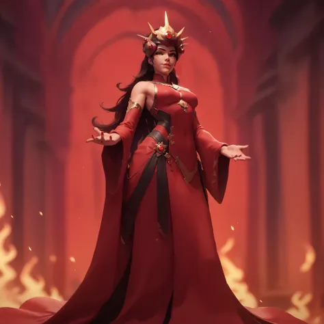 a woman in a red dress and crown standing in a red room