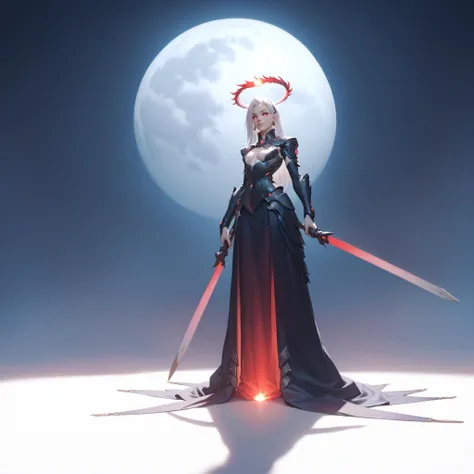 a woman in a long dress holding two swords in front of a full moon