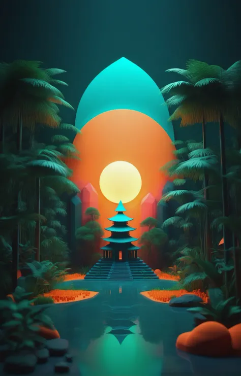 3d isometric, blender render, soft colorful-hued colors,  mystical sunset, dark sky, dark and moody, foggy, tiny temple on a lush jungle <lora:EnvyMoonriseXL01:1>, orange and teal color grading Two tone lighting, abstract geometric gradients, geometric sha...