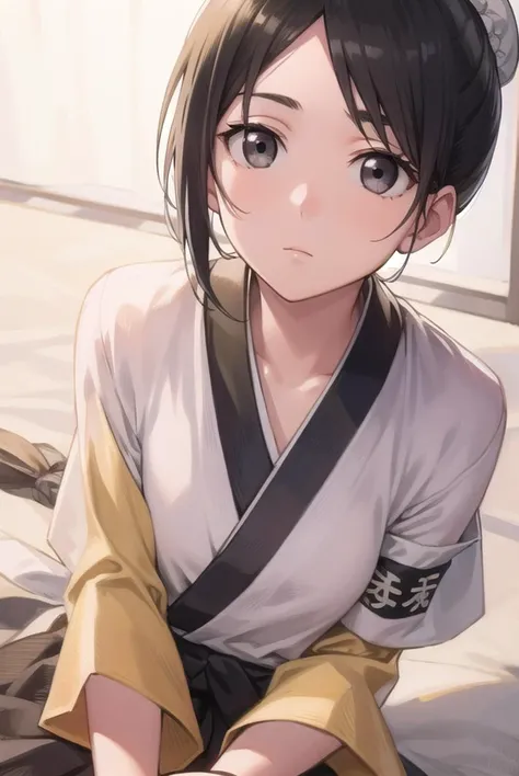 momohinamori, <lyco:momohinamori-lyco-nochekaiser:1>,
momo hinamori, black hair, hair bun, single hair bun, bun cover, short hair, (black eyes:1.5), (swept bangs:1.5),
BREAK japanese clothes, armband, black hakama, long sleeves,
BREAK looking at viewer, fu...