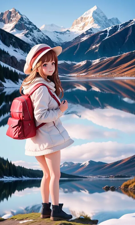 a woman with long hair wearing a hat and a backpack near a lake and mountains with snow on the tops