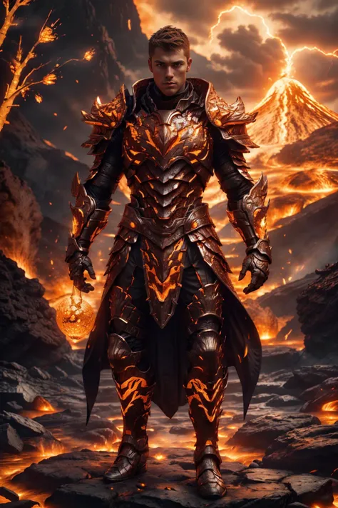 erupting volcano in the background, standing on a rock in a magma lake, tall handsome buff jock ((age 20)), ginger hair, short hair, emb3r4rmor, wearing embers knight armor, intricate detail, glowing orange, (( one arm raised)), ((embers falcon perched on ...