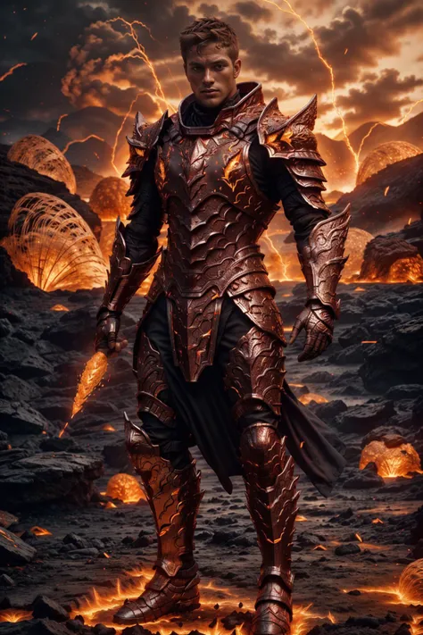 erupting volcano in the background, a rocky plain, a lake of magma, standing in front of magma lake, tall handsome buff jock ((age 20)), ginger hair, short hair, emb3r4rmor, wearing embers knight armor, intricate detail, glowing orange, ((one arm raised)),...