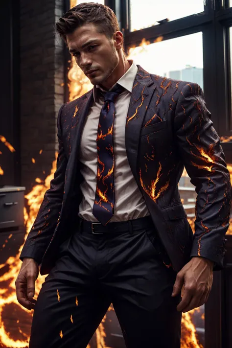 (Canadian man), emb3r4rmor, wearing business suit, burning, glowing, dynamic pose, fighting stance, (office background), pants, shirt, necktie, indoors, window, city,, realistic, masterpiece, intricate details, detailed background, depth of field, photo of...