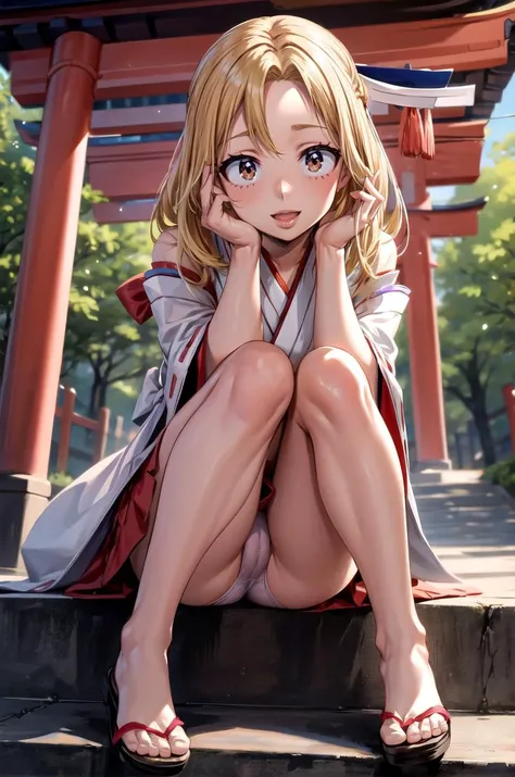 (masterpiece, best quality, detailed), 1girl, solo, looking at viewer, KemiiHS1, long hair, brown eyes, blonde hair,
miko, japanese clothes, red hakama, wide sleeves, white kimono, ribbon trim, hip vent, hakama short skirt, outdoors, night, torii, shrine, ...