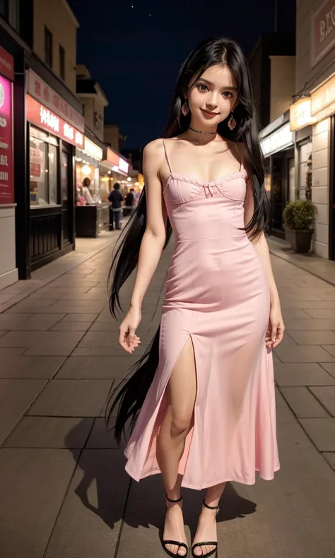 arafed woman in a pink dress walking down a street