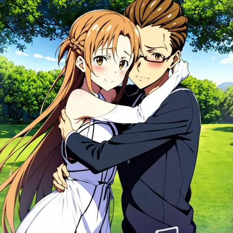 anime couple hugging in a park with trees in the background