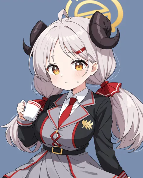 izumi (blue archive),1girl, horns, halo, white_background, twintails, simple_background, ahoge, solo, skirt, food, collared_shirt, sweat, hairclip, parted_lips, red_necktie, black_jacket, medium_breasts, mug
<lora:izumi_(blue_archive)_image415_2023-11-27-0...