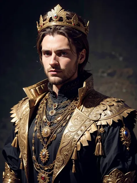 a close up of a man wearing a crown and a black shirt