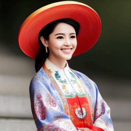 a photograph of a young Vietnamese girl, nhatbinh, mldt face , young, smiling, red wide-brimmed hat, stand in a flower forest, in front  of a huge ancient temple, beautiful woman, gorgeous  woman face, detailed gorgeous face, full body, confident pose, con...