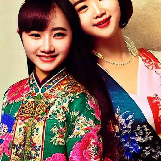 a photograph portrait full-body of  2 young Vietnamese girls, standing, long dress nhatbinh, long faces, mldt faces, young, smiling, red wide-brimmed hat, stand in a flower forest, in front  of a huge ancient temple, beautiful full-body women, gorgeous  wo...