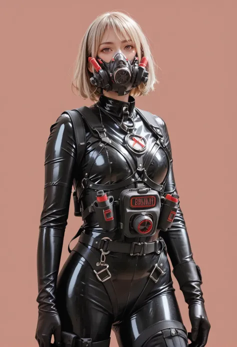 a woman in a black latex outfit and gas mask