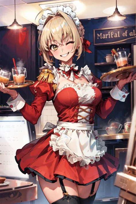 masterpiece,best quality,1girl,MaruMaid,MaidClothing,(miniskirt),epaulet,thick thighs,large breasts,grin,one eye closed,holding tray,cafe,<lora:FateNeroV2:0.8>,