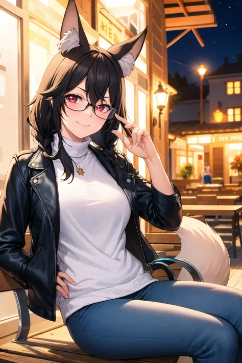 1girl, solo, sidelocks, twinbraids, black hair, red eyes, smug, smirk, glasses, sitting, bench, partk, at night, long hair, white sweater,( leather jacket, black jacket:1.2), fox girl, fox ears, fox tail, jeans, black tail, skindentation,  <lora:Fukuro-Sty...