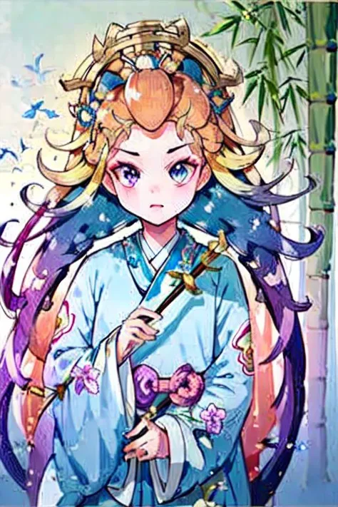 ,green chinese hanfu, beauty, (trees:0.5), (flowers:0.6) ,(birds:0.2), (bamboo0.1), lakes, Hangzhou,look looking at viewer, (disheveled hair),[orange hair:purple buttom hair:0.8],forehead,zoe,long hair,multicolored hair,(colored inner hair:1.1),(gradient h...