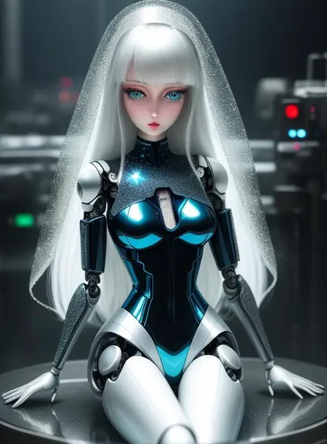 a close up of a robot woman sitting on a table