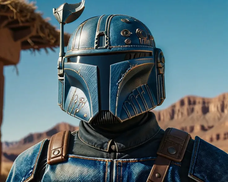 the mandalorian wearing a denim armor,sun, warm light,highly detailed,strange crystal world backround,photography, ultra sharp,film, professional,Mandalorian1024,  ral-jeans,<lora:ral-jeans-sdxl:1.0>