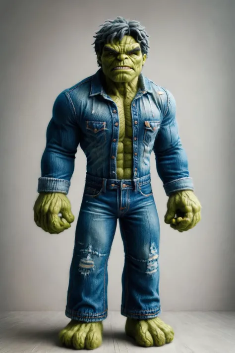 (the hulk:1.4) made of zwuul wearing clothes made of ral-jeans, bald <lora:zwuul:0.9> <lora:ral-jeans:0.9>, (masterpiece:1.2), best quality, (masterpiece:1.2), best quality