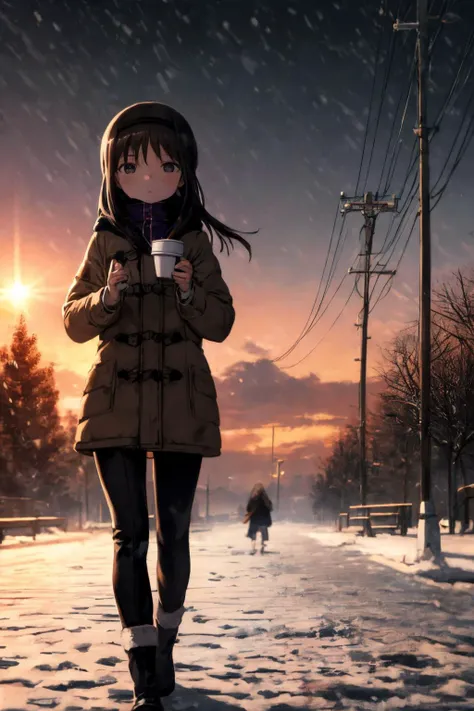 anime girl walking in the snow with a cup of coffee