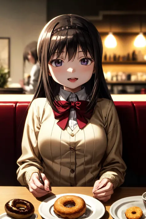 anime girl sitting at a table with donuts and coffee