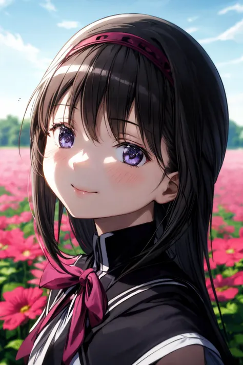 a girl with long black hair and purple eyes standing in a field of flowers