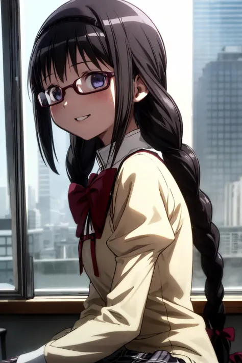 anime girl with long black hair sitting on a window sill