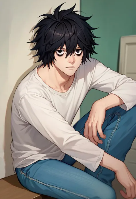 score_9, score_8_up, score_7_up, 1boy, l, black hair, short hair, messy hair, black eyes, bags under eyes, white shirt, jeans, l...