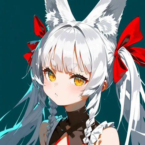 anime girl with white hair and red bow in front of blue background