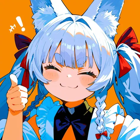 anime girl with blue hair and white ears holding a knife