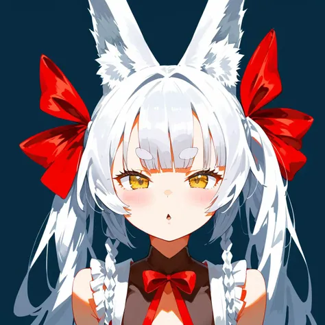 anime girl with white hair and red bow and white ears