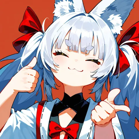 anime girl with white hair and blue eyes wearing a red bow