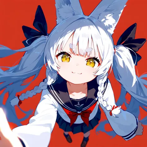 anime girl with white hair and blue eyes and a cat ears