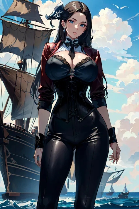 (masterpiece, best quality, ultra detailed, absurdres)1.5, 1girl, (sexy, beautiful woman, perfect face, perfect eyes, perfect female body, huge breasts)1.5, (leather, corset, mysterious, <lora:Sexy Pirate Milf:0.6>, long hair), (standing, pirate ship, clou...