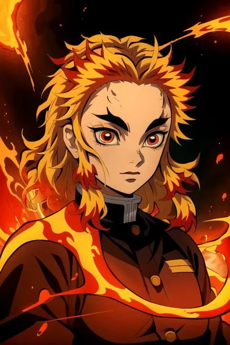 portrait of girl rengoku kyoujurou in hell, fire, solo, wallpaper, red, volcan, lava, rock, upper body, (woman), feminine, <lora:Rengoku_Kyoujurou_v1:0.8>  <lora:Demon Slayer Style:0.4> kimetsu no yaiba style, anime coloring, (masterpiece, best quality, ar...