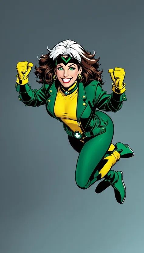 a woman in a green and yellow outfit flying through the air