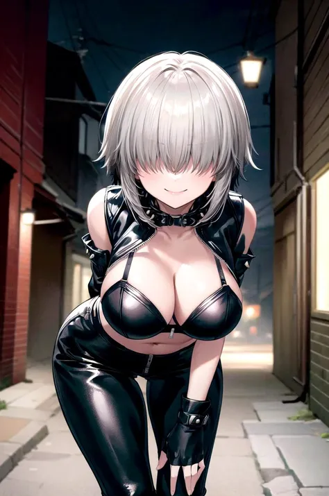 (masterpiece, best quality, detailed), 1girl, solo, looking at viewer, aayanagi, short hair, hair between eyes, long bangs, sidelocks, hair over eyes, covered eyes, large breasts,
leather jacket, leather pants, strapless bra, black jacket, tight pants, bla...