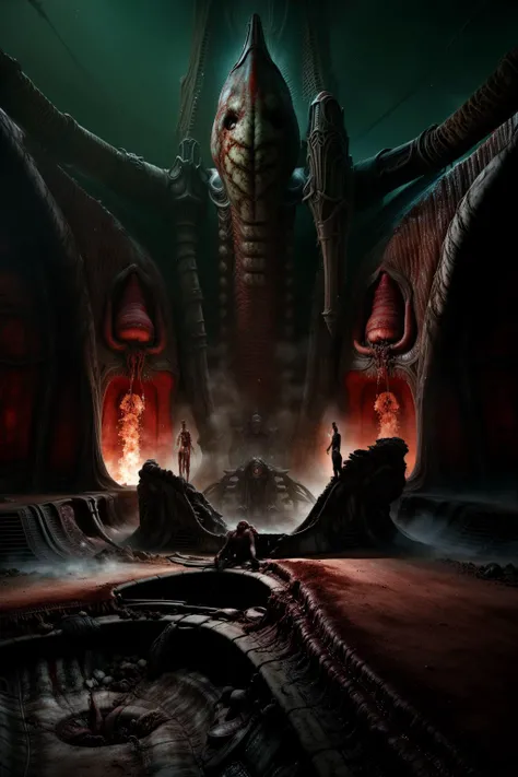 a man standing in front of a giant monster in a dark room