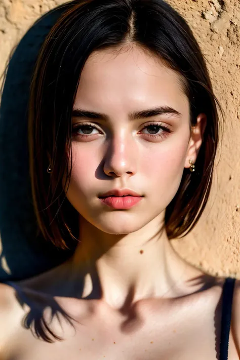 (best quality, 8k, RAW photo, highest quality, hyperrealistic, masterpiece:1.2, portrait, 8k full HD), Photo portrait of a pensive young brunette woman with sparkling eyes, detailed skin, (half her face concealed in shadow:1.4), tight close up on face, dar...