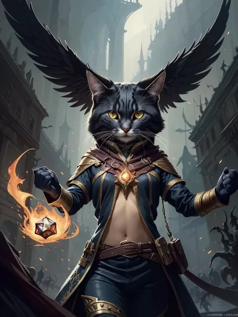 Cat, Anthropomorphized, casting evil spell, magic the gathering artwork, D&D, fantasy, centered, symmetrical, highly detailed, artstation, concept art, sharp focus, 8k, art by Akihiko Yoshida and Greg Rutkowski and Craig Mullins, oil painting