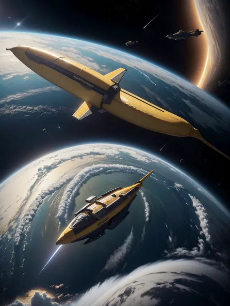 a gigantic banana floating in space, illustration, digital art, matte painting, by greg rutkowski, detailed, sharp, masterpiece, highly detailed, photorealistic, octane render, 8 k, unreal engine 5, trending on artstation