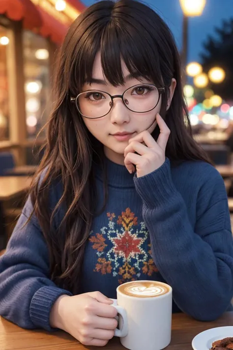 ultra detailed, sharp focus, best quality, masterpiece, colorful, beautiful woman, messy dark brown hair, upper body shot, beautiful cute face, slight smile, nerdy dark blue sweater, thick-rimmed glasses, outdoor diner background, (evening), vivid colors, ...