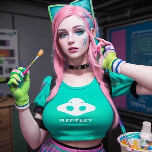 analog style, photo of a woman, 24yo, 1woman, multicolored hair blue and green, ((pretty  face: 1.7, perfect face:1.5)), circuit eyes,
(huge breasts), pale skin, shinny skin, painting on face, painting on body. choker, striped sleeves, gloves, pink ((mini ...