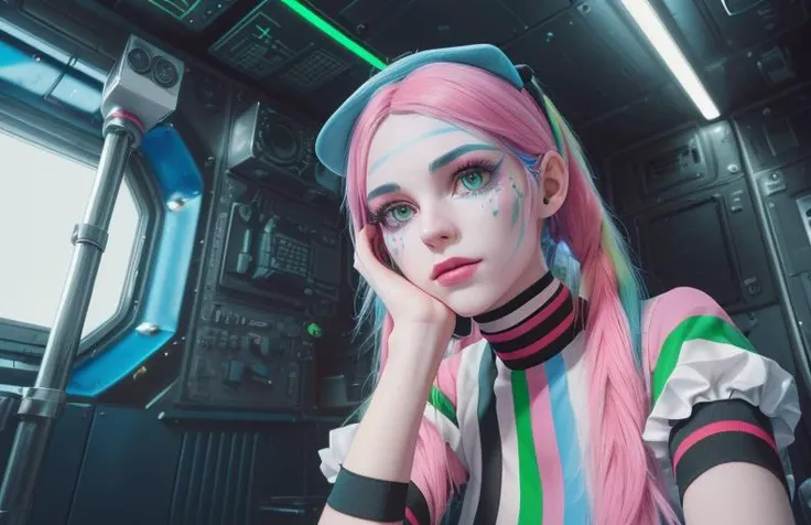 analog style, photo of a woman, 24yo, 1woman multicolored hair blue and green, twin tail, ((pretty  face: 1.7, perfect face:1.5)),
(huge breasts), pale skin, shinny skin, painted face, cap, choker, striped sleeves, gloves, pink mini skirt, holding a paint ...