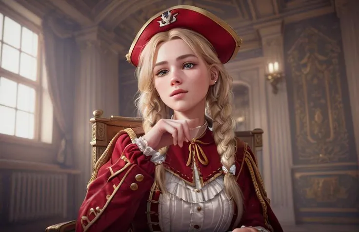 analog style, photo of a girl, (1girl, queen girl), catears, ( blonde hair braid), ((pretty  face: 1.7, perfect face:1.5)),
(huge breasts),  pale skin, shinny skin, pirate clothes, pirate hat, sitting on throne, gesturing with hands, palace, red carpet, ca...