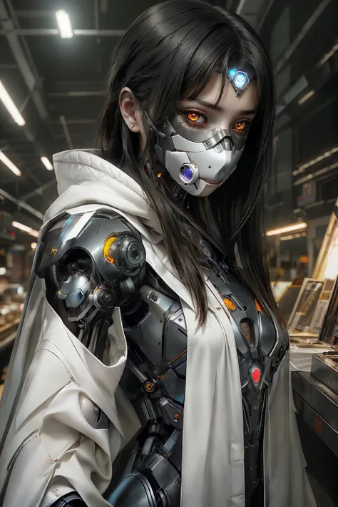 <lora:wowifierV3:0.7> <lora:Futuristicbotv.2:0.8>
raw epic photo of woman, 20 years old,  robot, gag, 
long black hair, brest focus, large breast, petite body, from side, from above, white cloak, portrait shot, cyberpunk market background, looking down, (m...