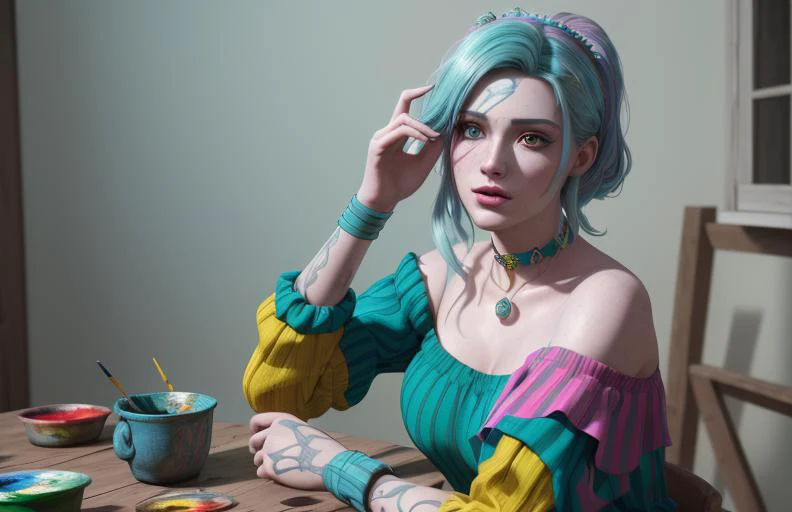 analog style, photo of a woman, 24yo, 1woman, multicolored hair blue and green, ((pretty  face: 1.7, perfect face:1.5)),
(huge breasts), pale skin, shinny skin, painting on face, painting on body. choker, striped sleeves,
8k, 3d, (best quality:1.5, hyperre...